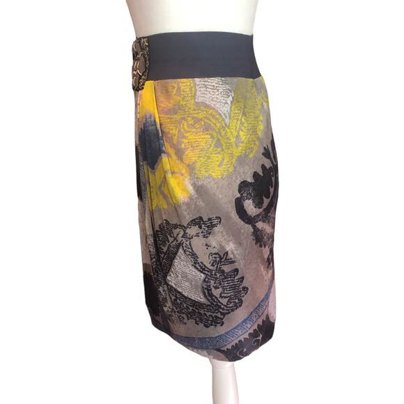 Yigal Azrouel Metallic Sequin Gray Yellow & Blue Draped Silk Pencil Skirt Small - Picture 3 of 6